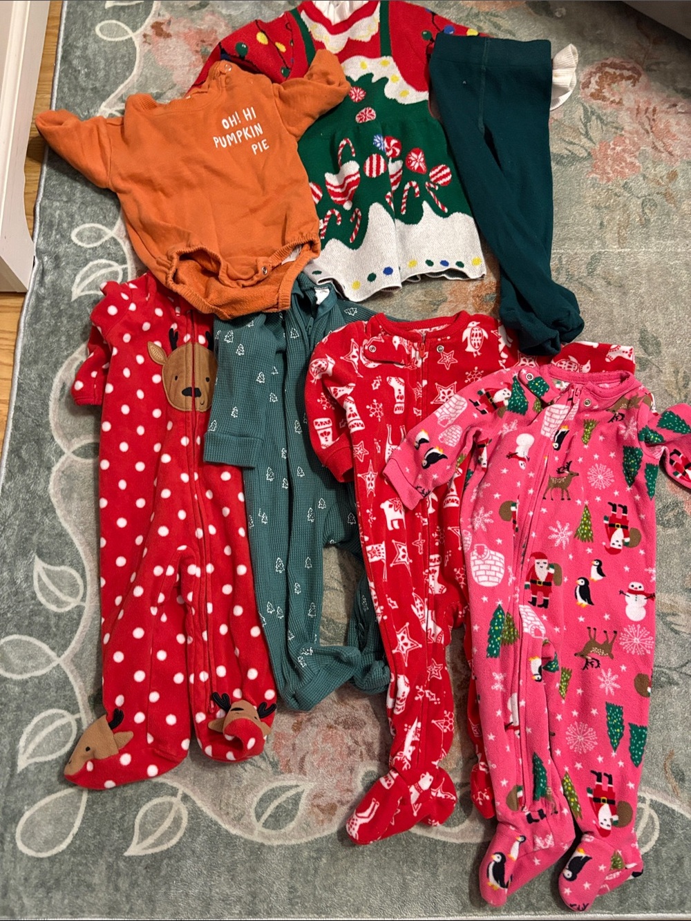 Carter's Holiday Footed Pajama Lot in Red, Green, Pink, Orange